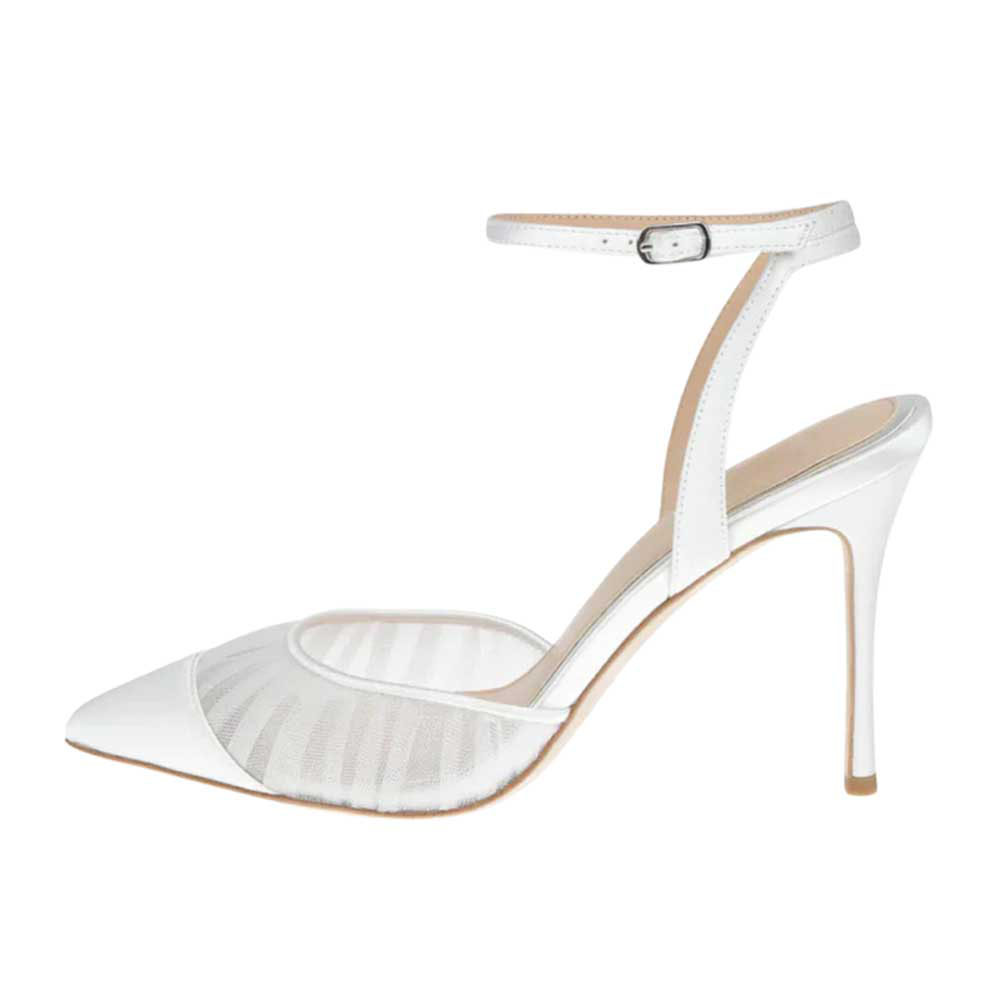 Elegant White Mesh & Satin Pointed Toe Pumps Shoes with Ankle Strap