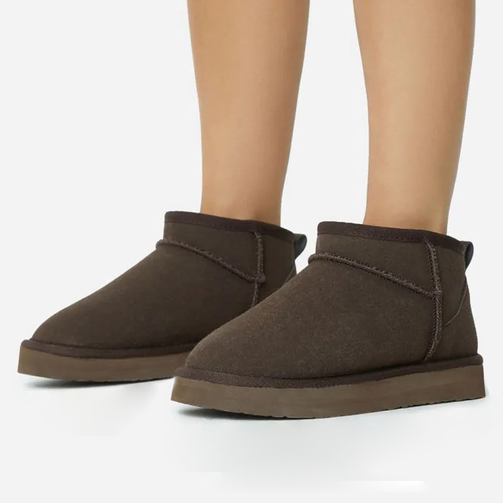 Dark Brown Round Toe Furry Lining Flat Women's Snow Boots
