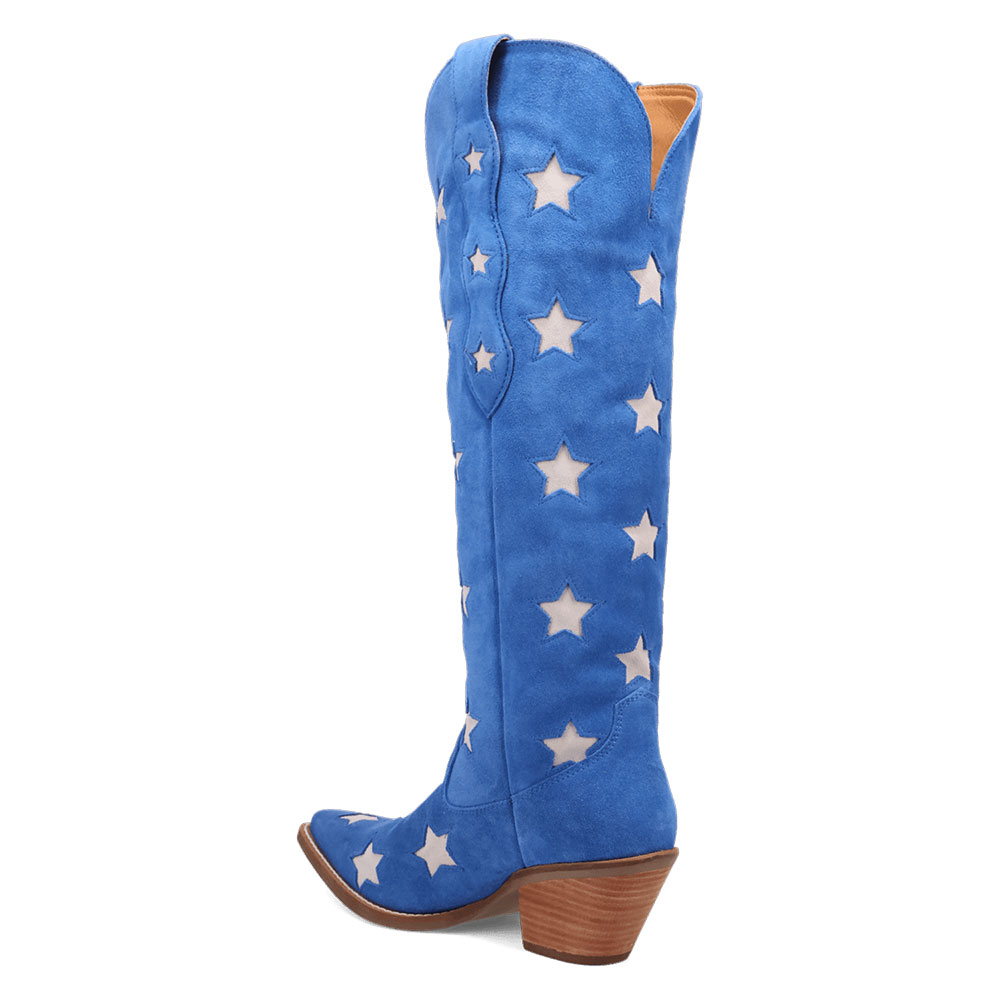 Beige Star Pattern Snip Toe Chunky Heel Knee-High Blue Cowgirl Boots