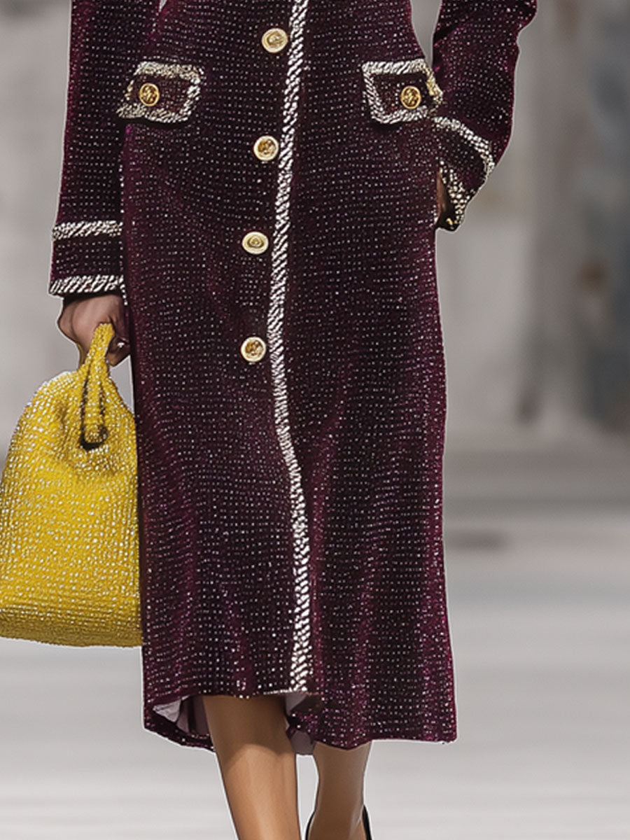 Fashion Retro Ribbon Trim Bright Silk Burgundy Velvet Long Coat