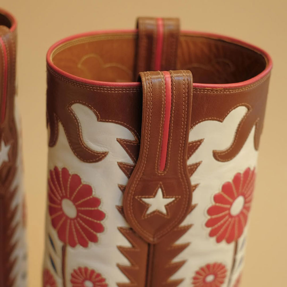 Embroidered Flower Snip Toe Brown & Beige Cowboy Boots for Women