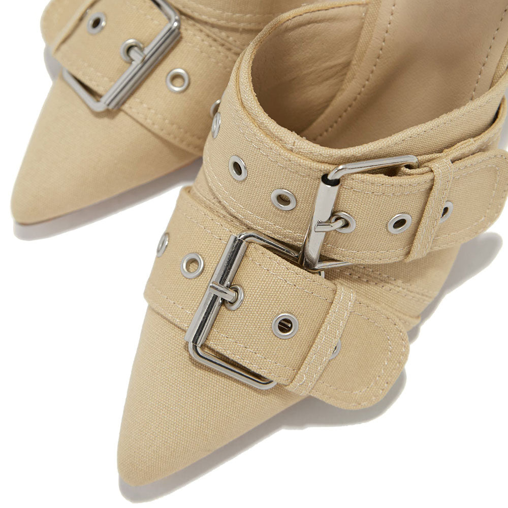 Beige Pointy Toe 4'' Metallic Heel Buckle Studded Strappy Pumps