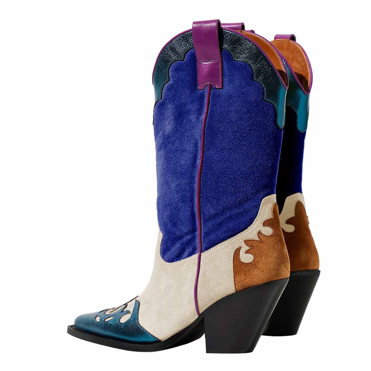 Beige & Dark Blue Pointy Toe Block Heel Mid-Calf Leaf Western Boots