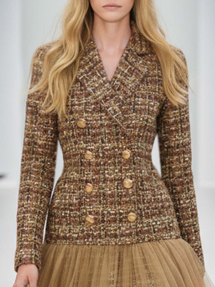 Elegant Retro Double-breasted Mesh And Tweed Mini Dress