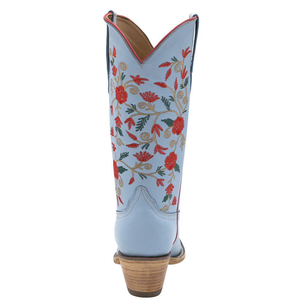 Embroidered Floral Snip Toe Mid-Calf Light Blue Cowgirl Boots