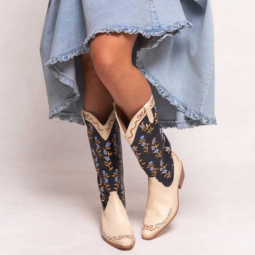 Beige and Navy Floral Embroidered Chunky Heel Wide Calf Cowgirl Boots