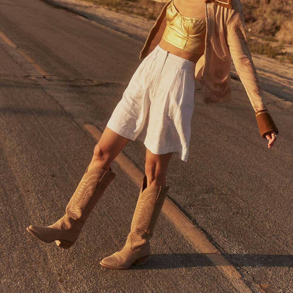 Beige Embroidered Almond Toe Chunky Heel Knee-High Cowgirl Boots