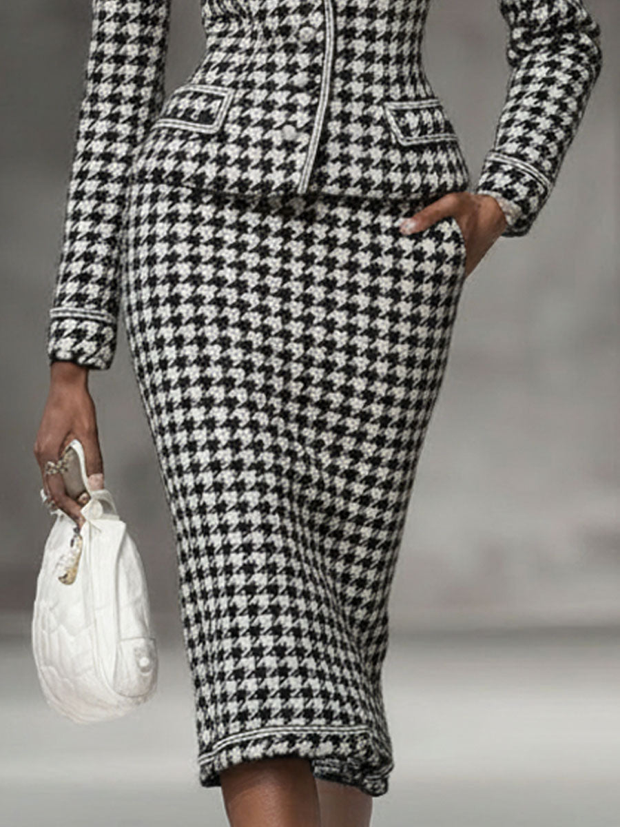 Elegant Black And White Houndstooth Lapel Blazer And Skirt Set