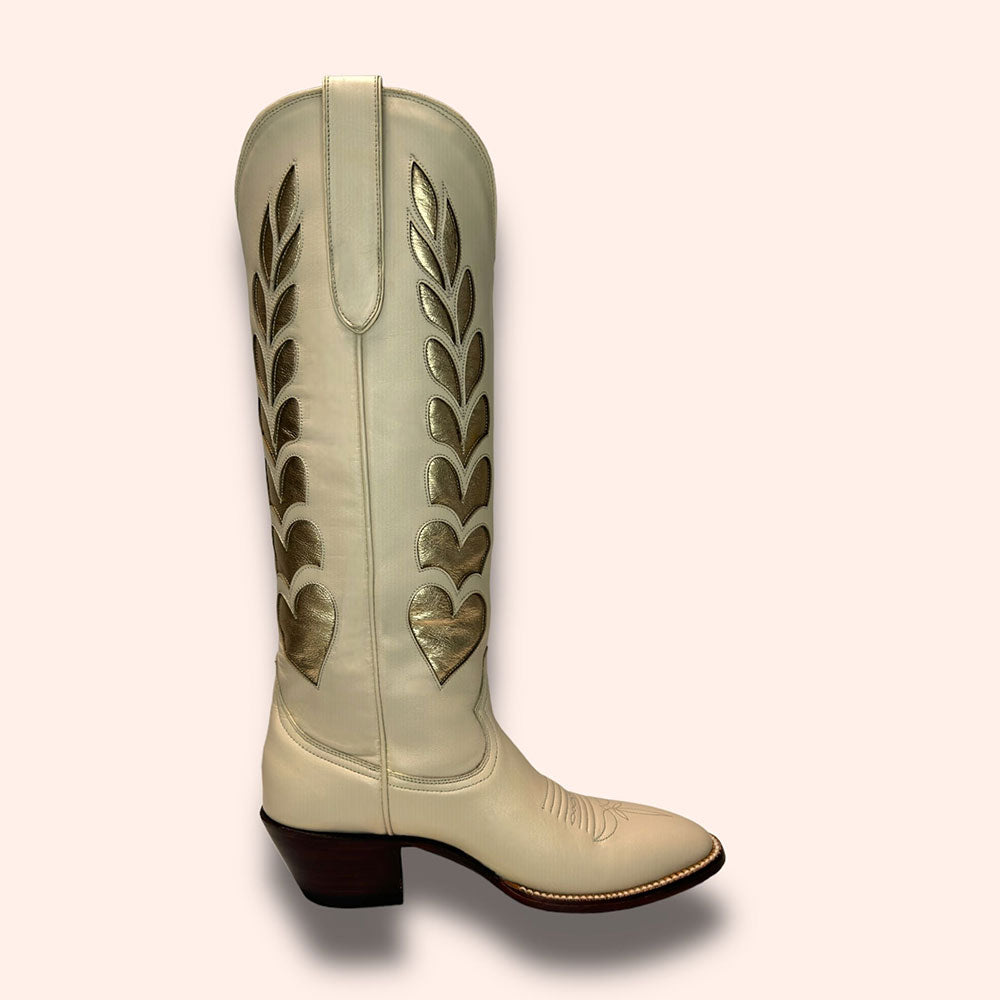 Beige & Gold Heart Inlay Round Toe Chunky Heel Knee-High Cowgirl Boots