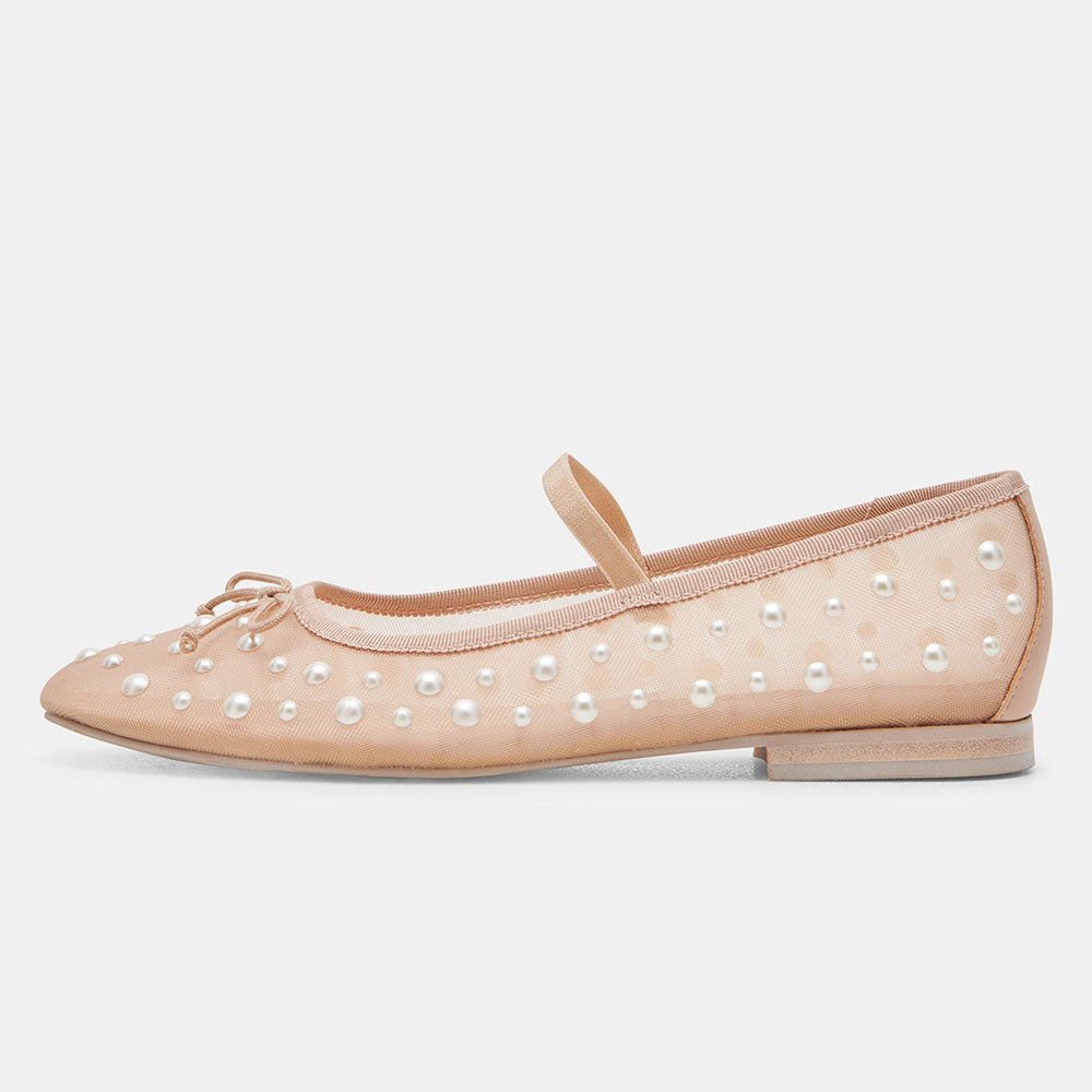 Beige Mesh Round Toe Flat Pearl Sophisticated Embellished Ballet Shoes
