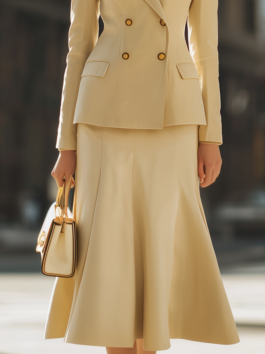 Elegant Beige Double - Breasted Blazer And Midi Skirt Set