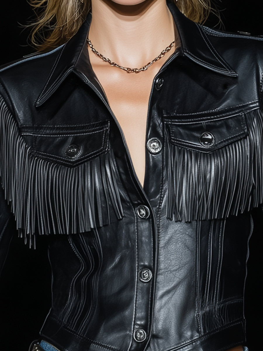 Designer Black Pu Patchwork Tassel Button Jacket