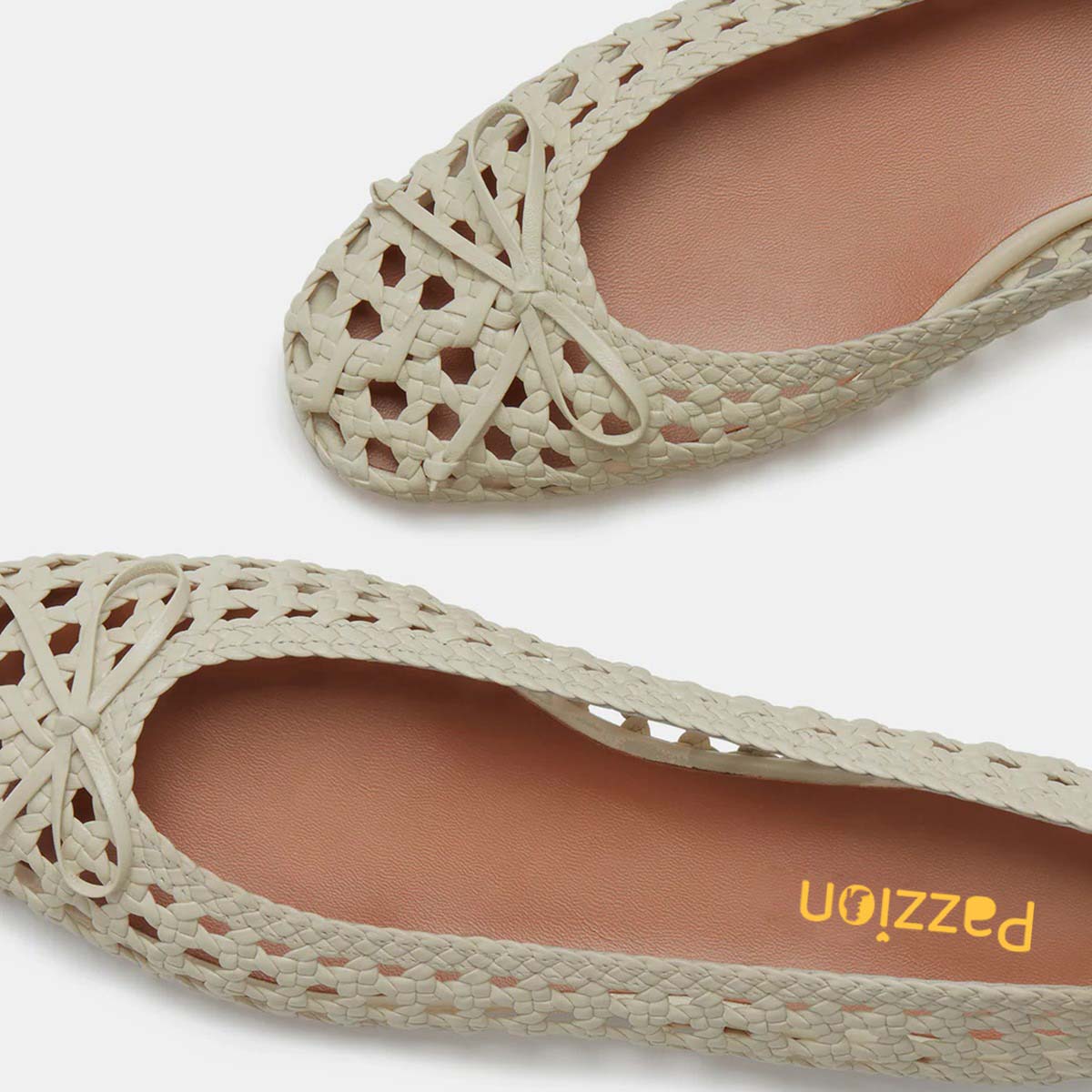 Beige Square Toe Vegan Leather Hollow-Out Bow Flat Shoes Women