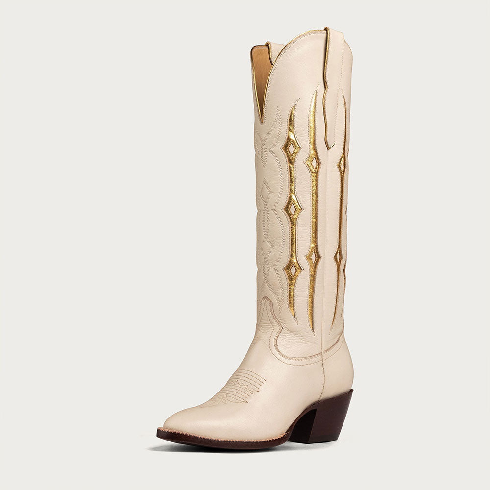 Beige Closed Toe Patchwork Embroidered Western Boots for Women