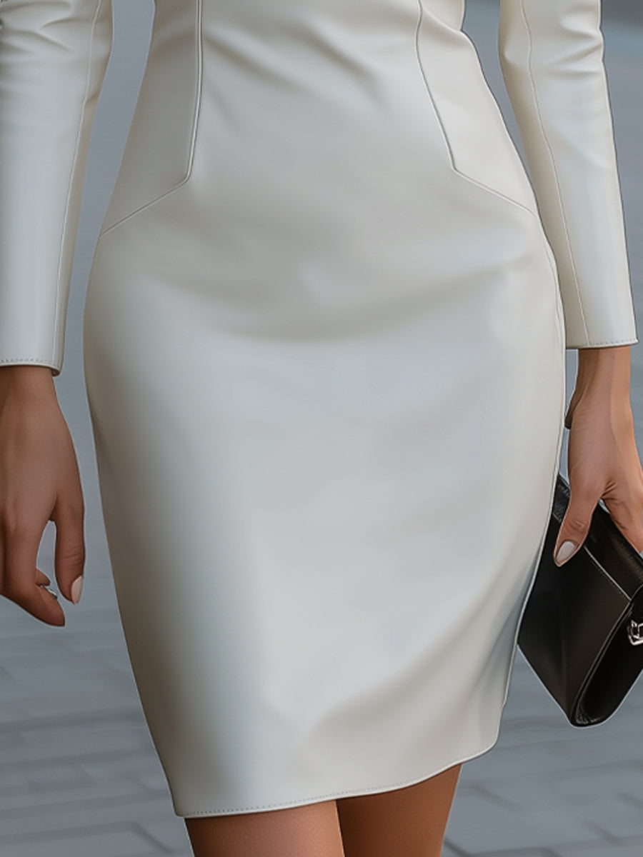 Elegant White Faux Leather V-Neck Sheath Dress
