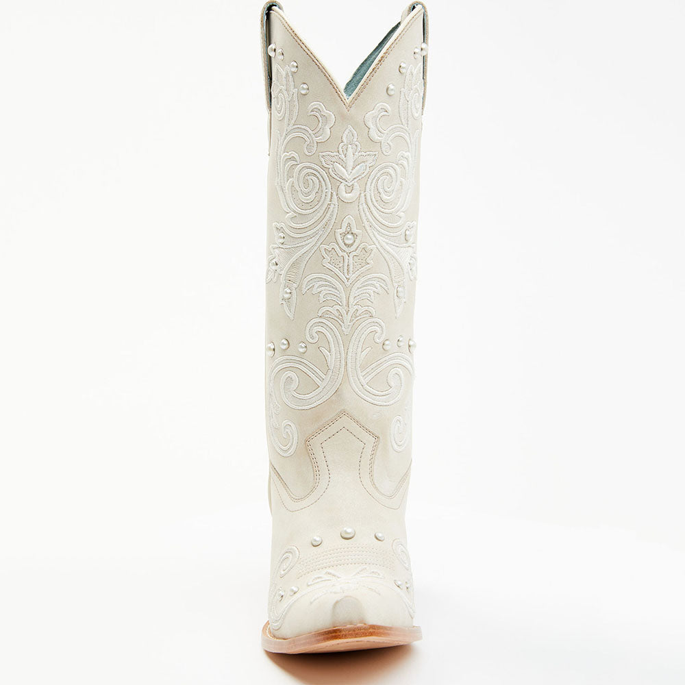 Beige Snip Toe Chunky Heel Embroidery Mid-Calf Cowboy Boots
