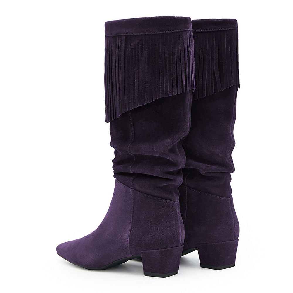 Dark Purple Vegan Suede Block Heel Slouch Square Toe Boots Women
