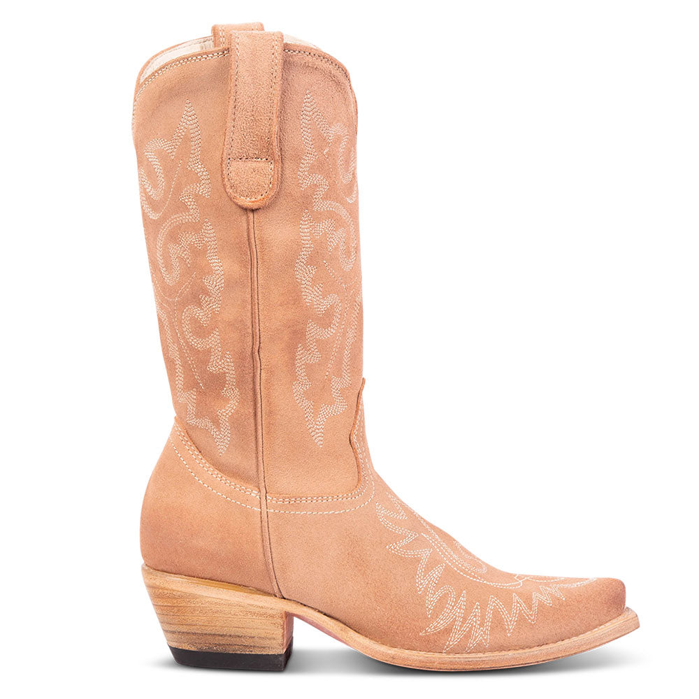 Beige Faux Suede Snip Toe Chunky Heel Mid-Calf Cowgirl Boots