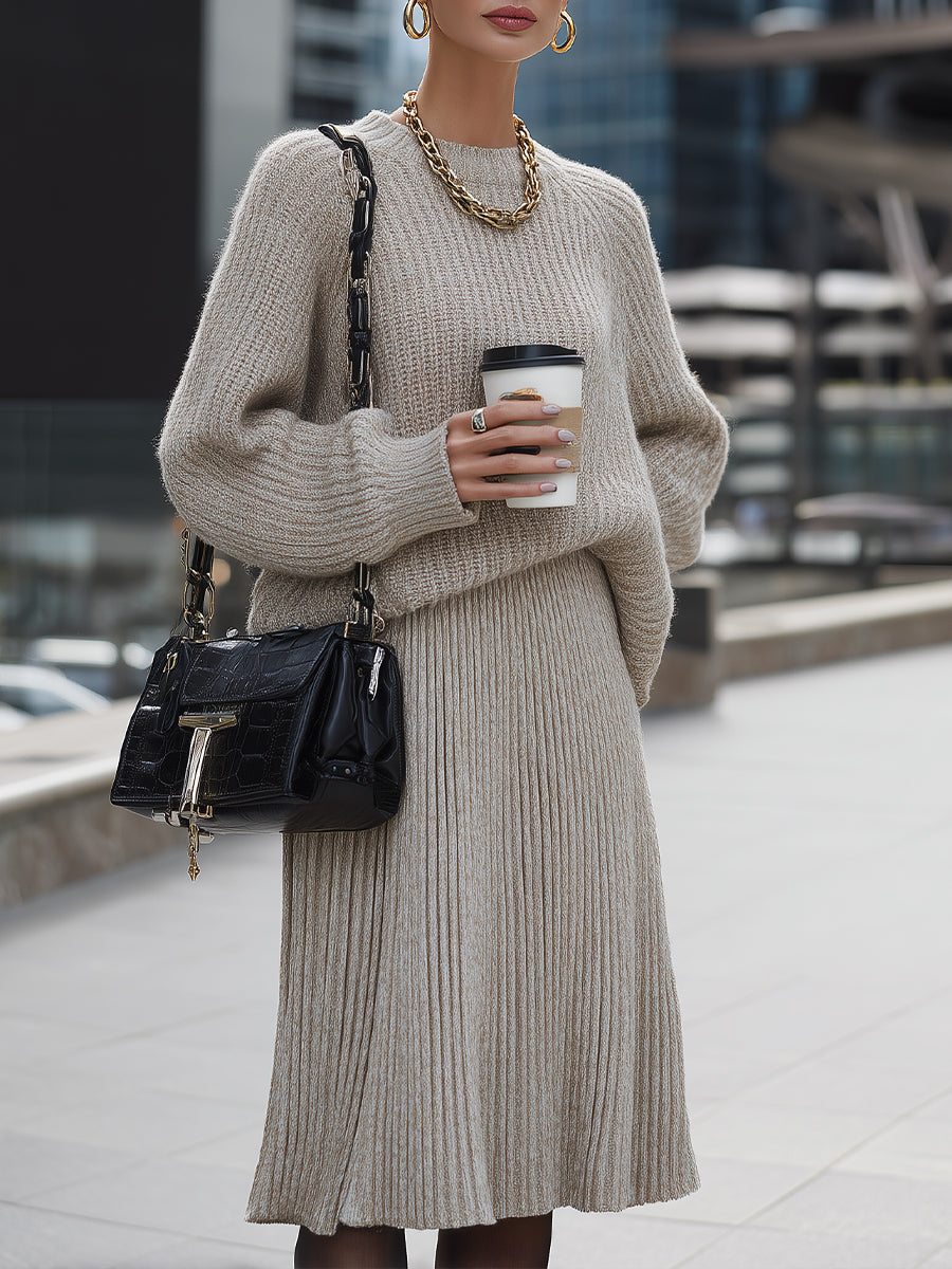 Beige Knit Sweater And Pleated Skirt Set