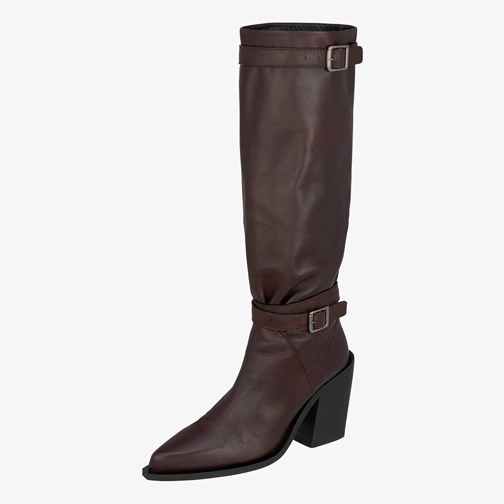 Dark Brown Vegan Leather Pointed Toe 3‘’ Chunky Heel Knee High Boots