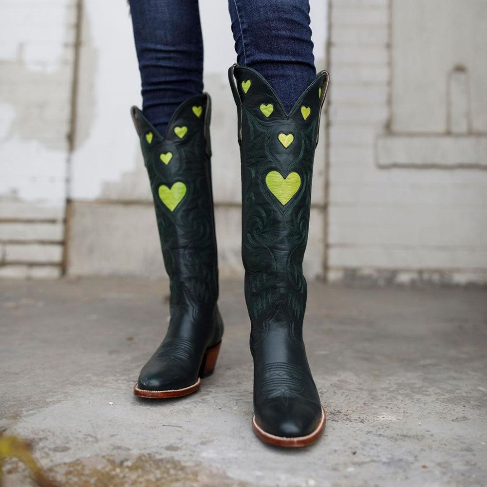 Dark Green Heart Inlay Round Toe Chunky Heel Knee-High Cowgirl Boots