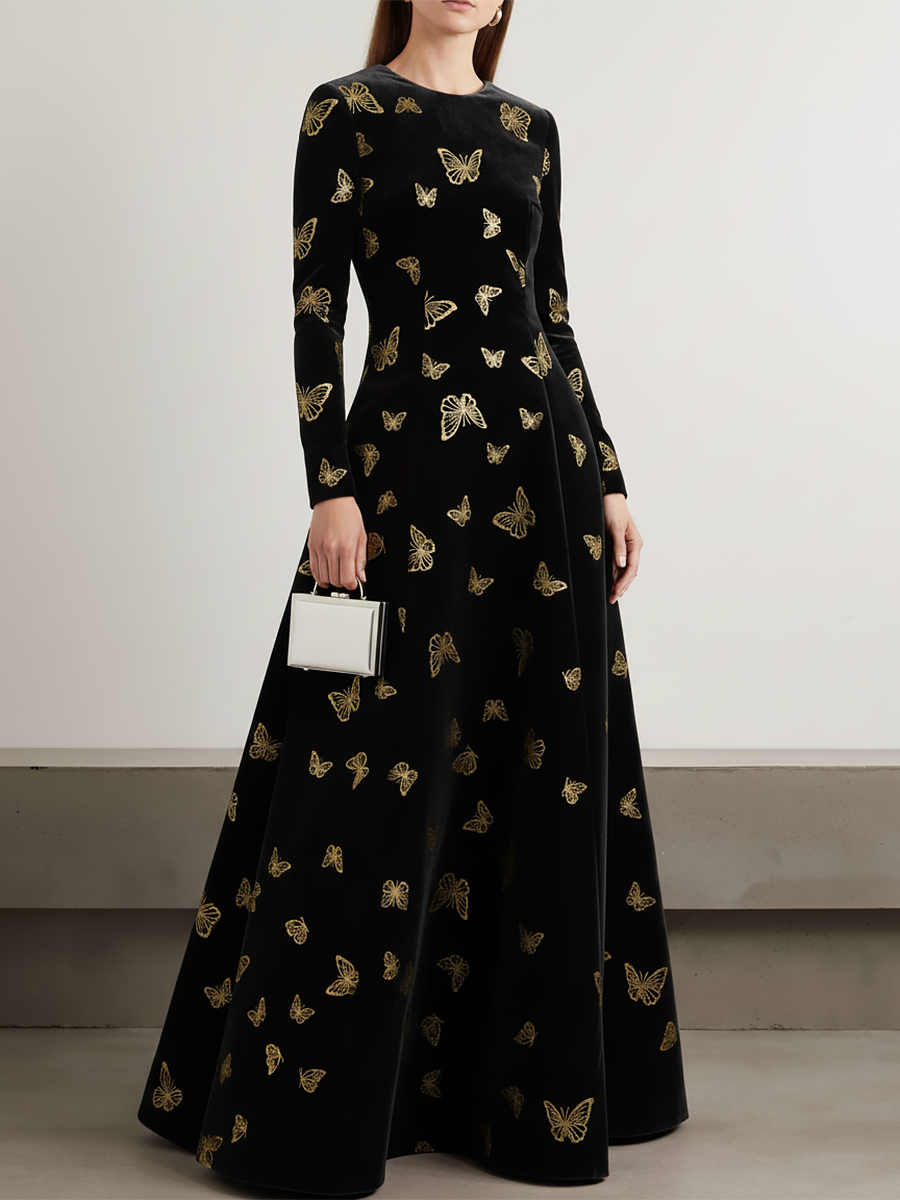 Elegant Round Neck Long-sleeved Gilded Butterfly Velvet Dress