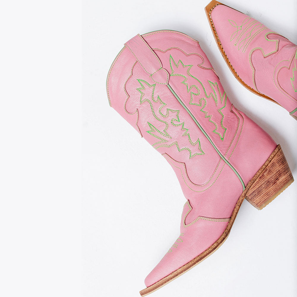 Embroidered Block Heel Snip Toe Pink Cowgirl Boots for Women