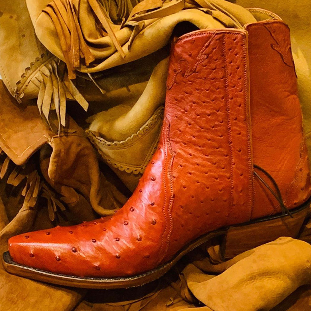 Fashion Ostrich Embossed Snip Toe Chunky Heel Cowgirl Boots in Orange