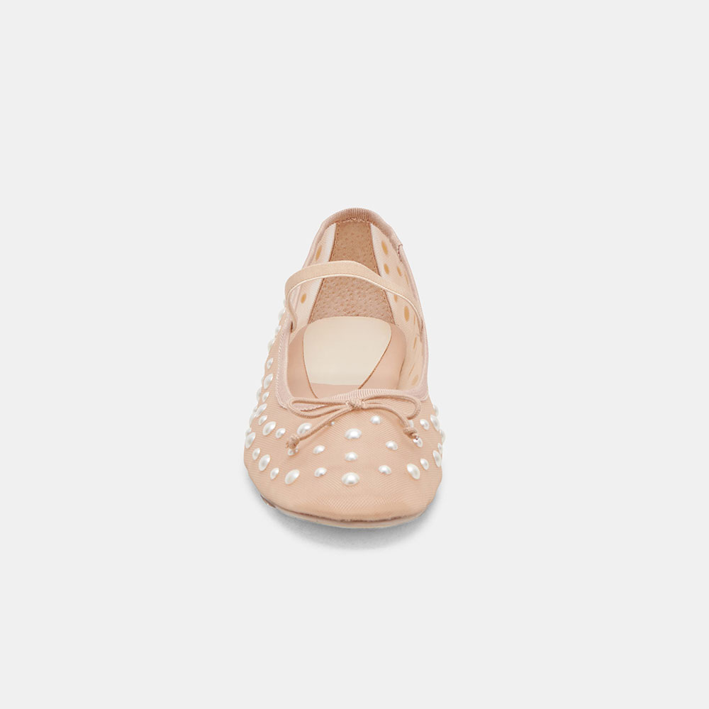 Beige Mesh Round Toe Flat Pearl Sophisticated Embellished Ballet Shoes