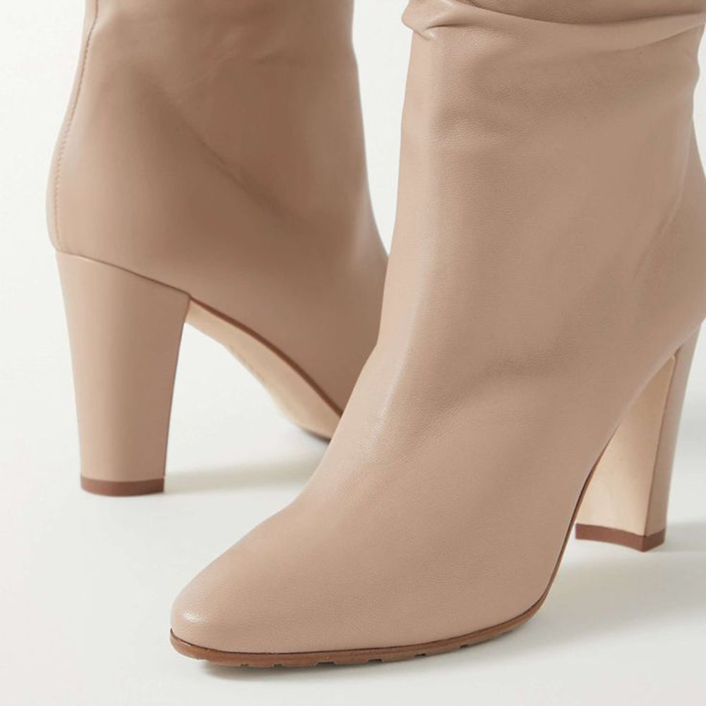 Beige Closed Toe Chunky Heel Knee High Winter Boots