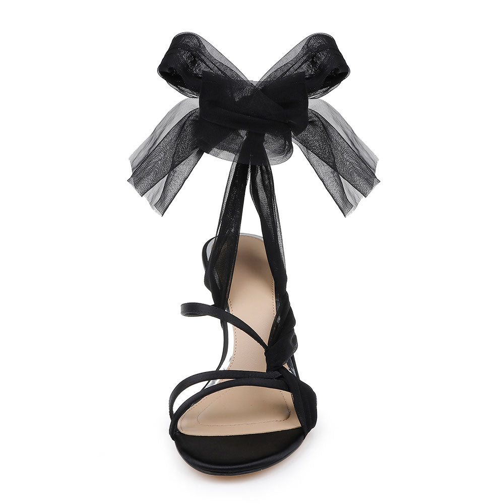 Elegant Satin Open Round Toe Chiffon Ankle-Tie Black Heels Sandals