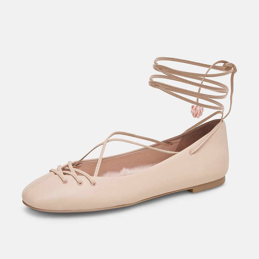 Beige Vegan Leather Round Toe Flat Lace-Up Comfy Ballet Shoes