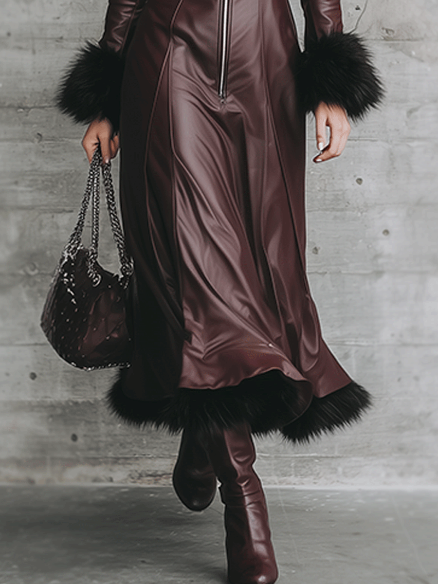 Elegant Burgundy Leather And Fur Trim Maxi Dress