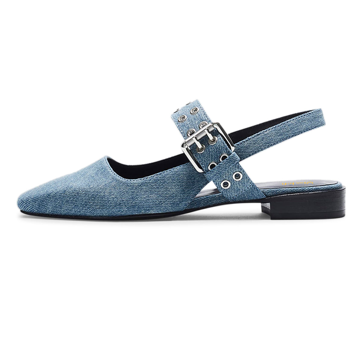 Denim Blue Square Toe Studded Slingback Low Heel Pumps for Women