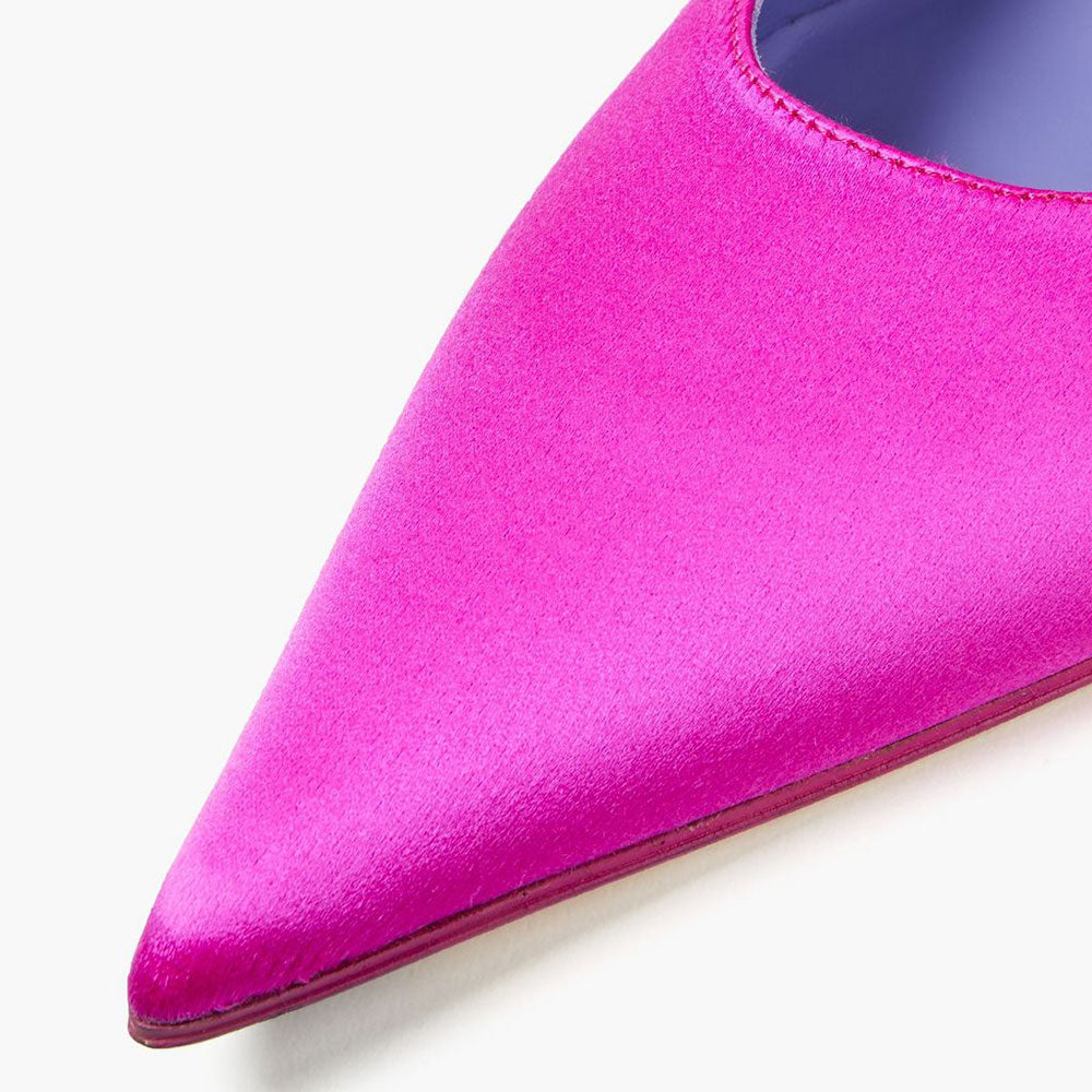 Fuchsia & Brown Satin Pointed Toe Kitten Heel Slingback Pumps