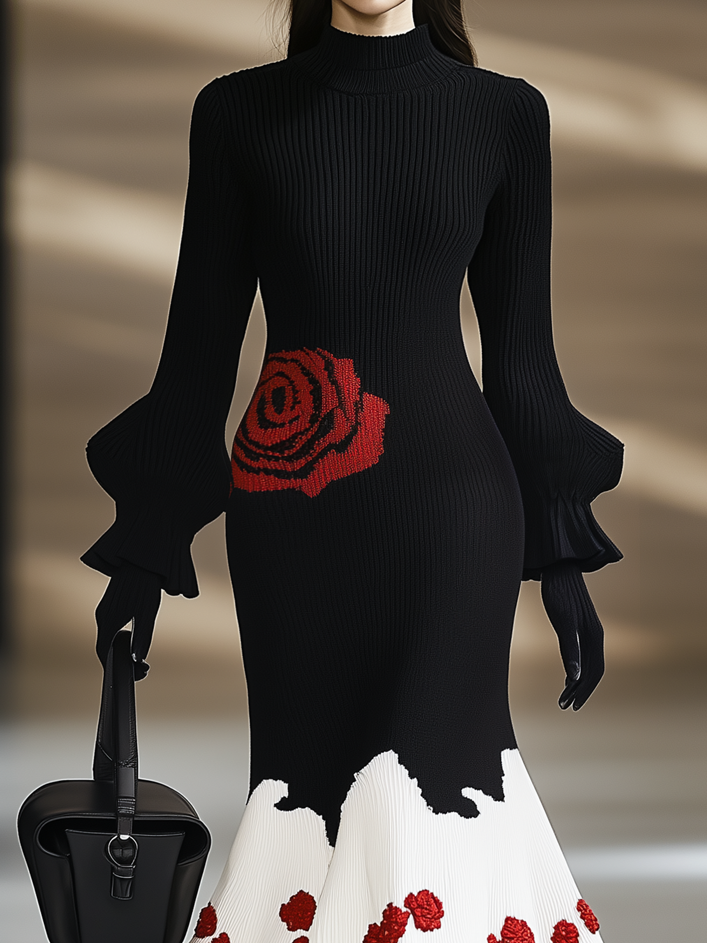 Elegant Retro Rose Pattern Knitted Dress With Flared Sleeves