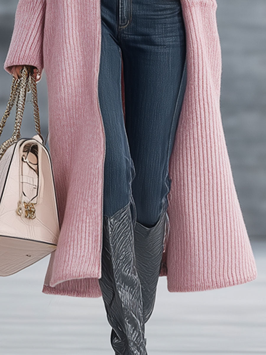 Fashion Retro Pink Knitted Zipper Cardigan Coat