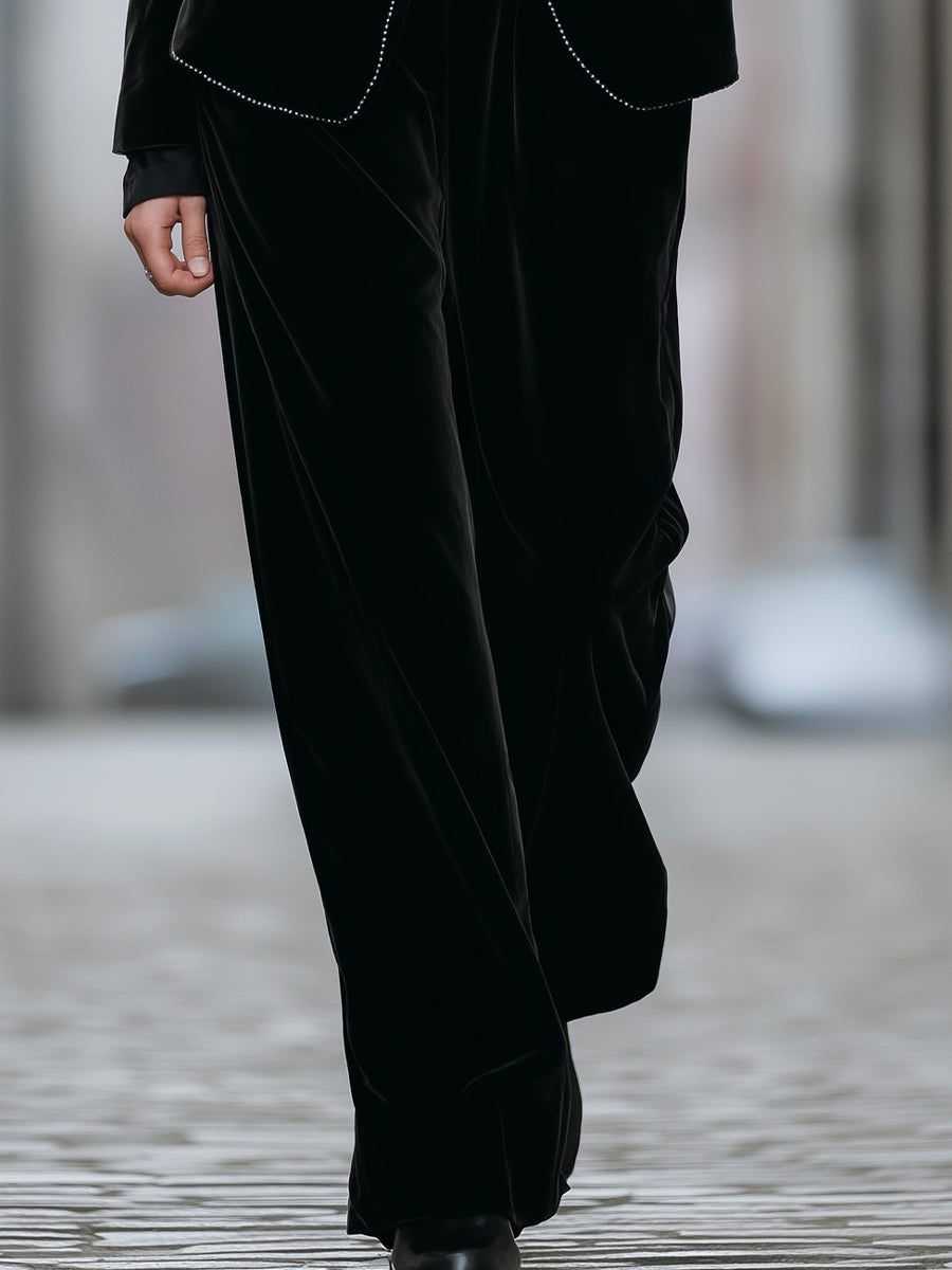 Elegant Velvet Beading Blazer And Wide-Leg Pants Set