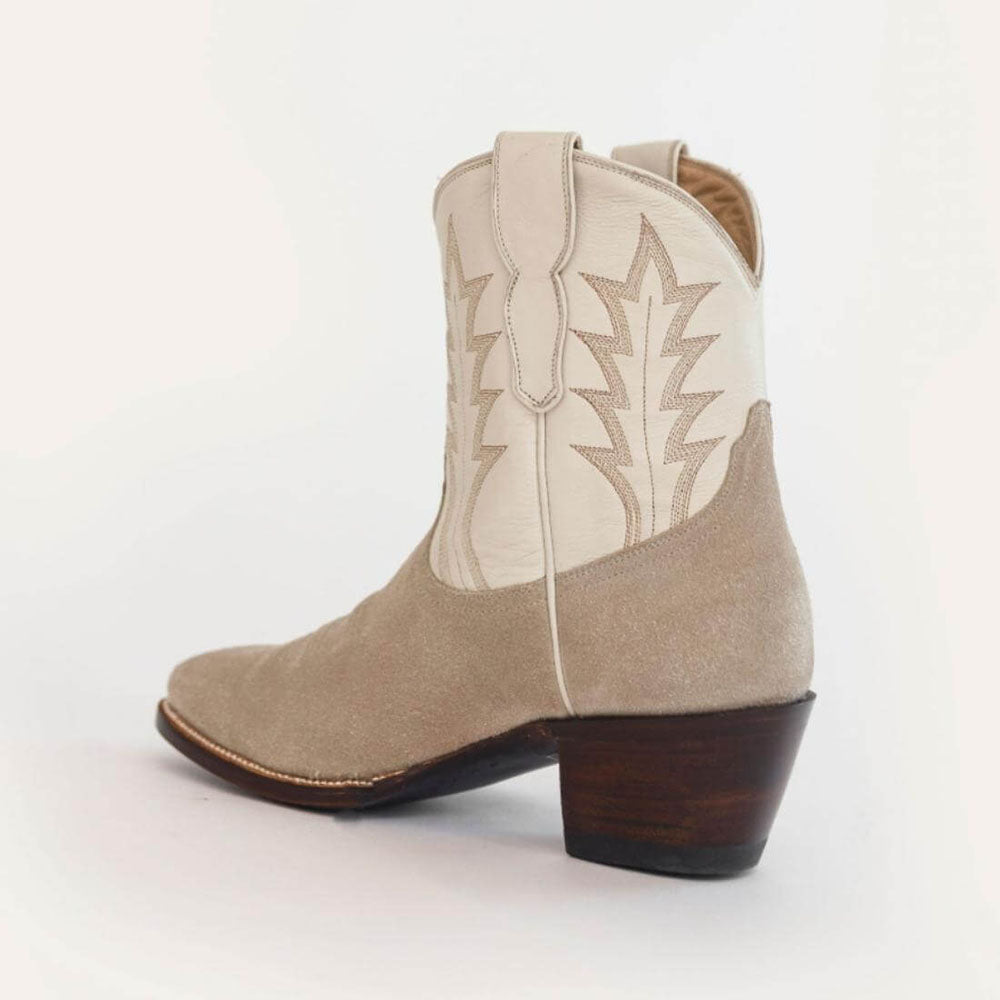 Beige & White Faux Suede Round Toe Chunky Heel Cowgirl Ankle Boots