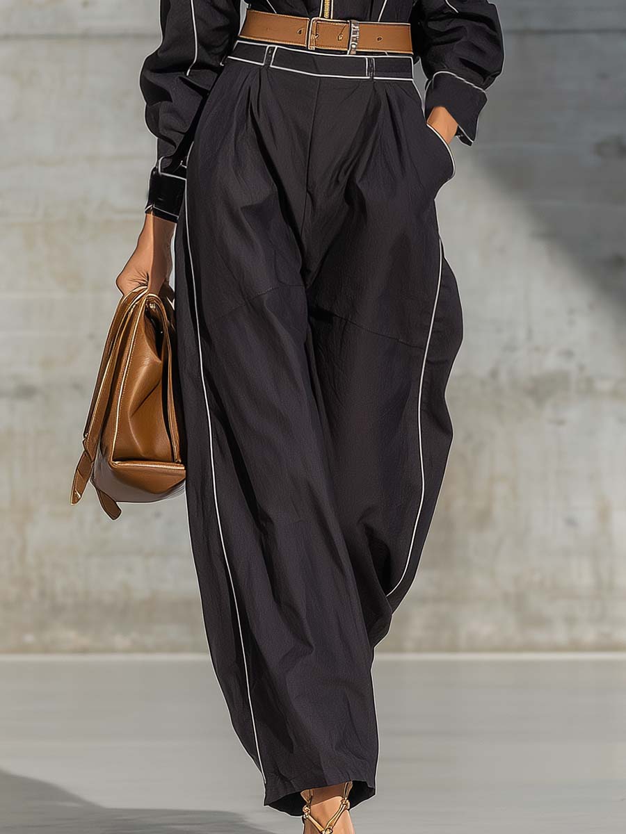 Exquisite Casual Lapel Front Zipper White Piping Black Jumpsuit