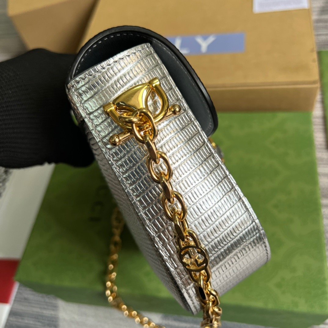 gg Horsebit 1955 Lizard Mini Bag Silver For Women, Women’s Bags 8in/20cm gg