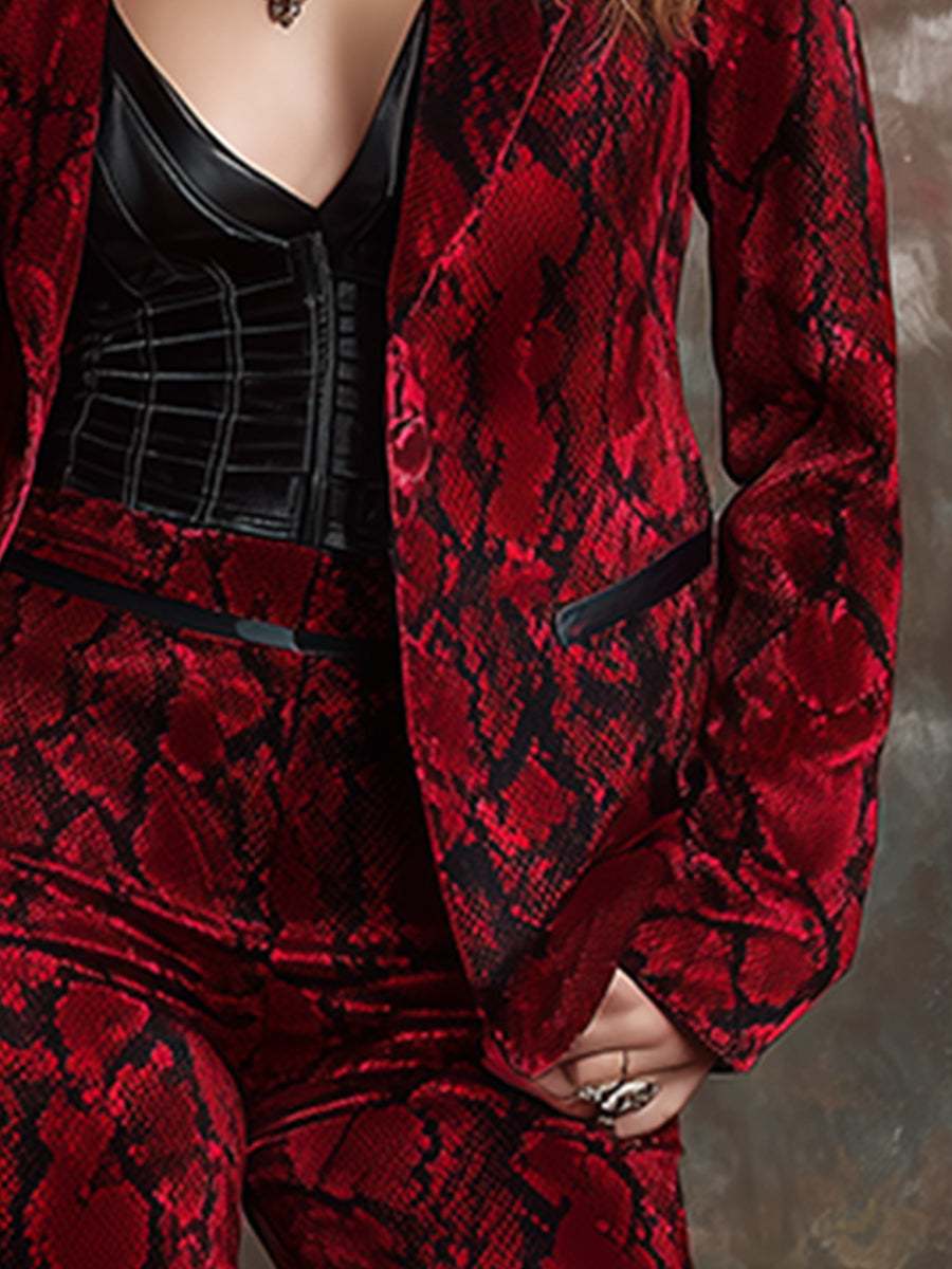Elegant Retro Loose Snake Print Red Velvet Blazer