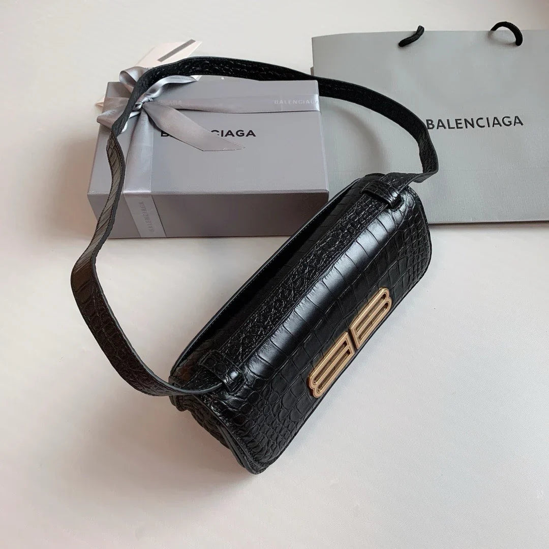 Balenciaga Gossip Small Bag Crocodile Embossed in Black Gold Hardware 23 x 12.4 x 10.4cm