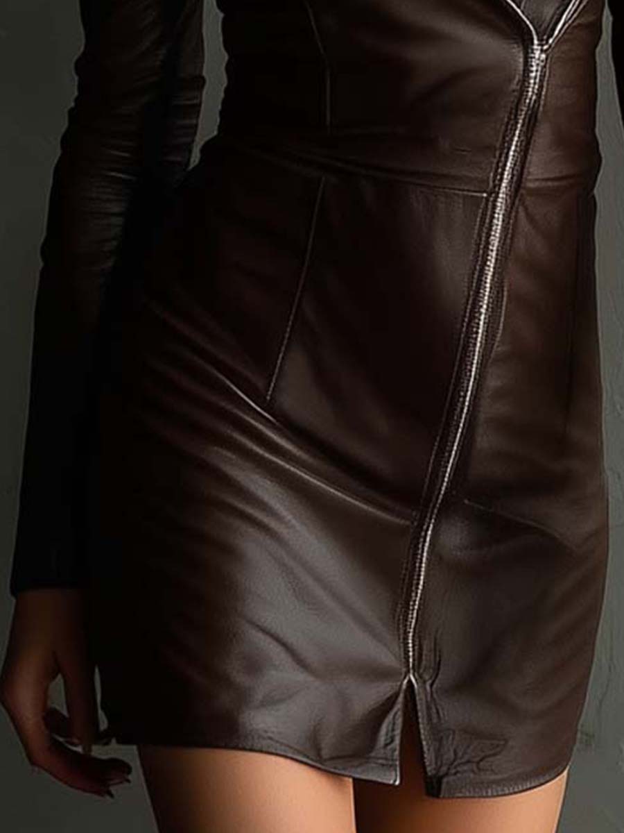 Dark Chocolate Zip-Front Lapel Eco-Leather Mini Dress