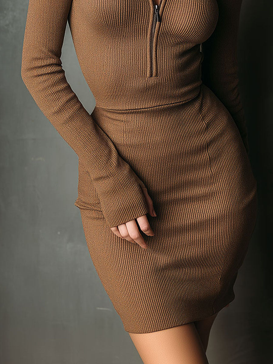 Elegant Brown Zipper Front High Collar Ribbed Knit Mini Dress