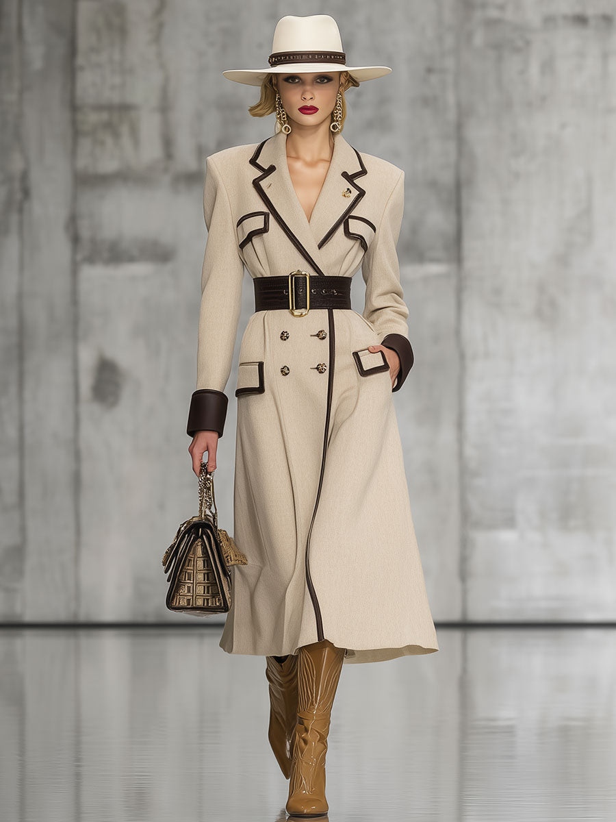 Elegant Urban Light Khaki Double-Breasted Mid-Length Coat