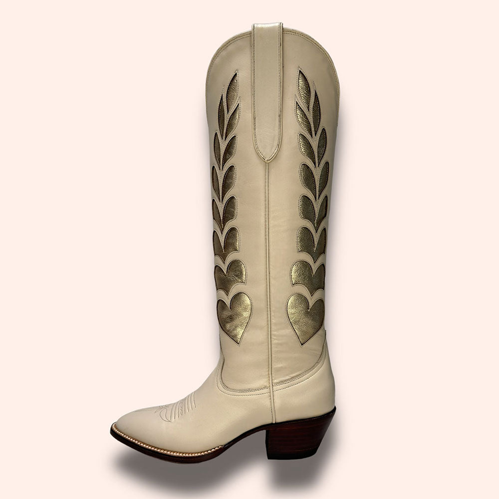 Beige & Gold Heart Inlay Round Toe Chunky Heel Knee-High Cowgirl Boots