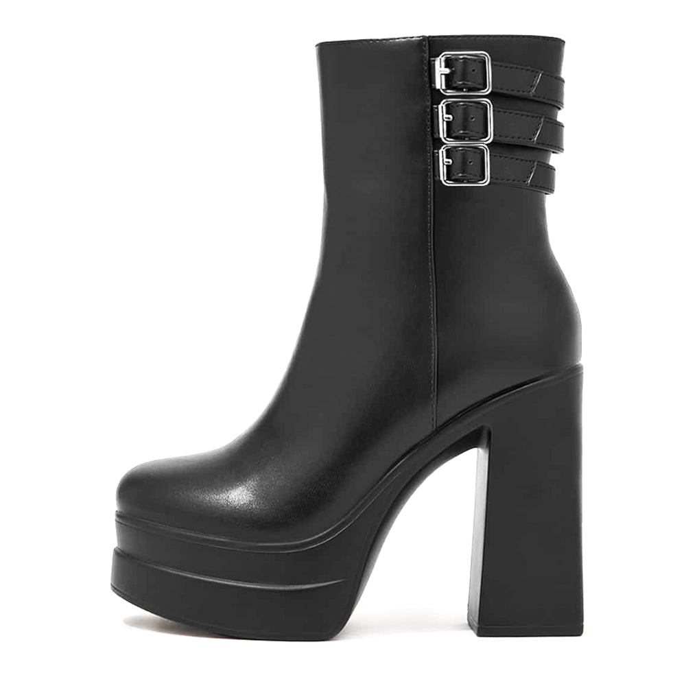 Full Black Platform Booties Round Toe Triple Buckle Heeled Boots