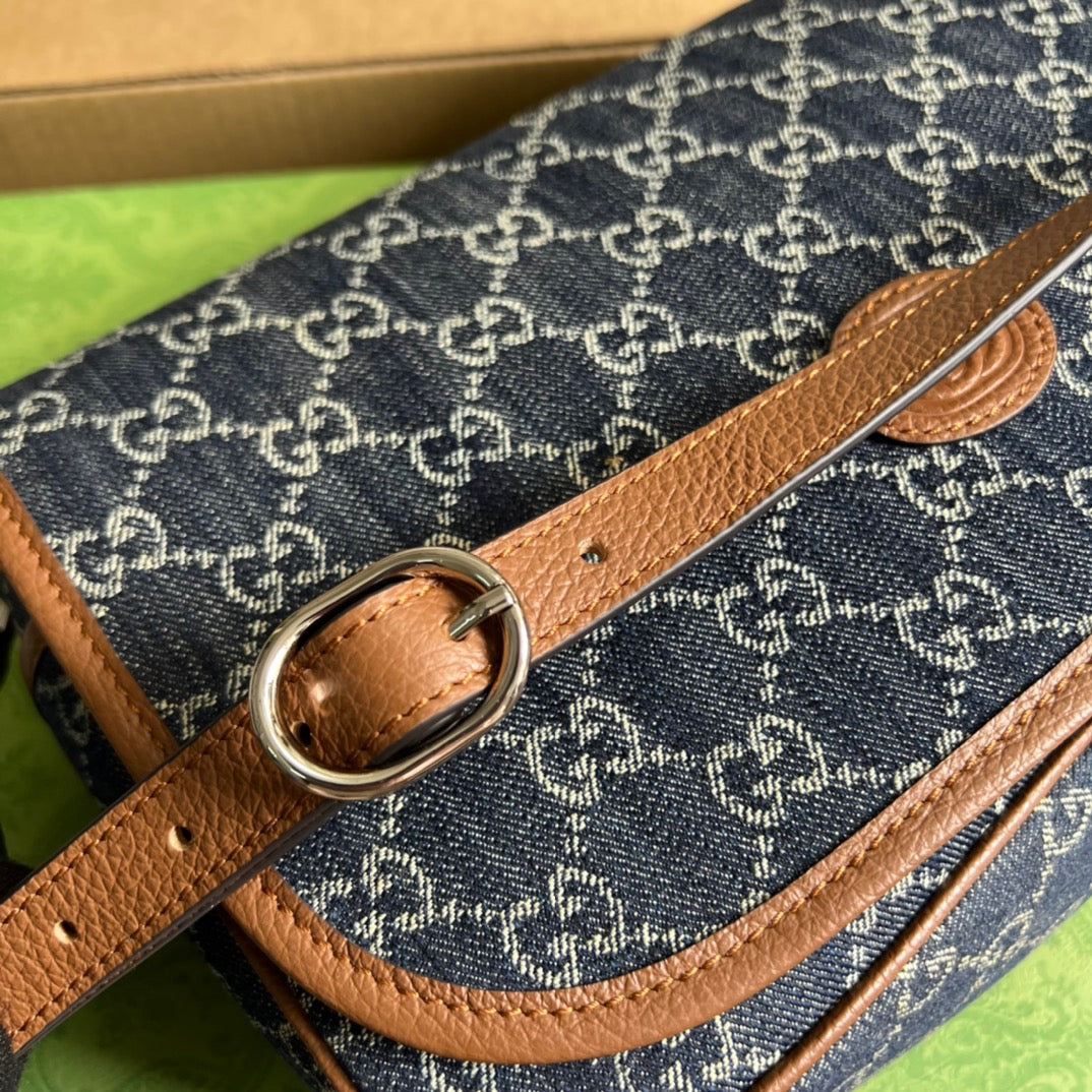 gg Children’s gg Messenger Bag Dark Blue And Ivory Eco Washed Organic gg Jacquard Denim For Women 11.4in/29cm gg