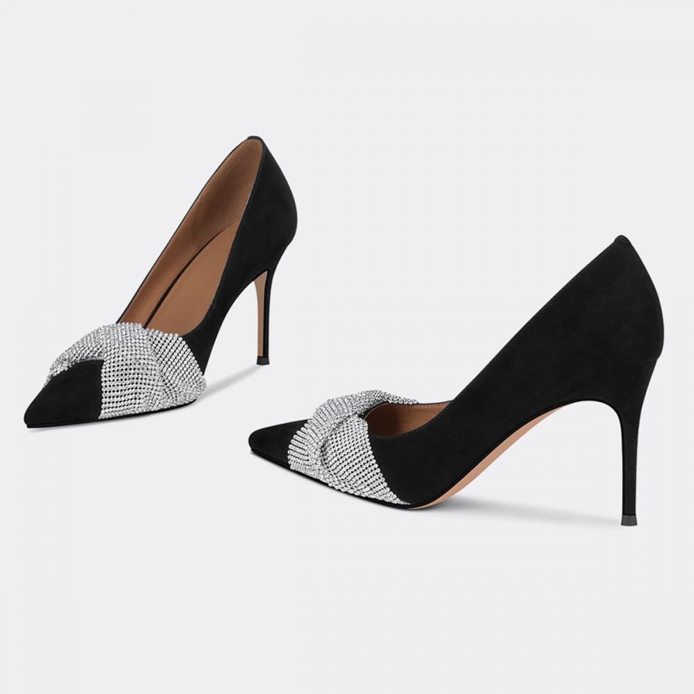 Elegant Black Vegan Suede Rhinestone Twist Strap Decor Pumps Heels